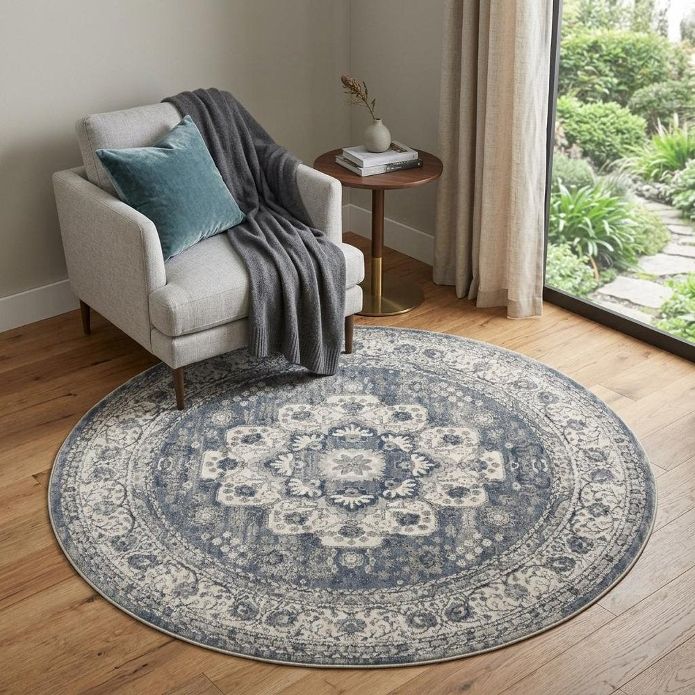 4' Grey And Ivory Round Oriental Power Loom Non Skid Area Rug