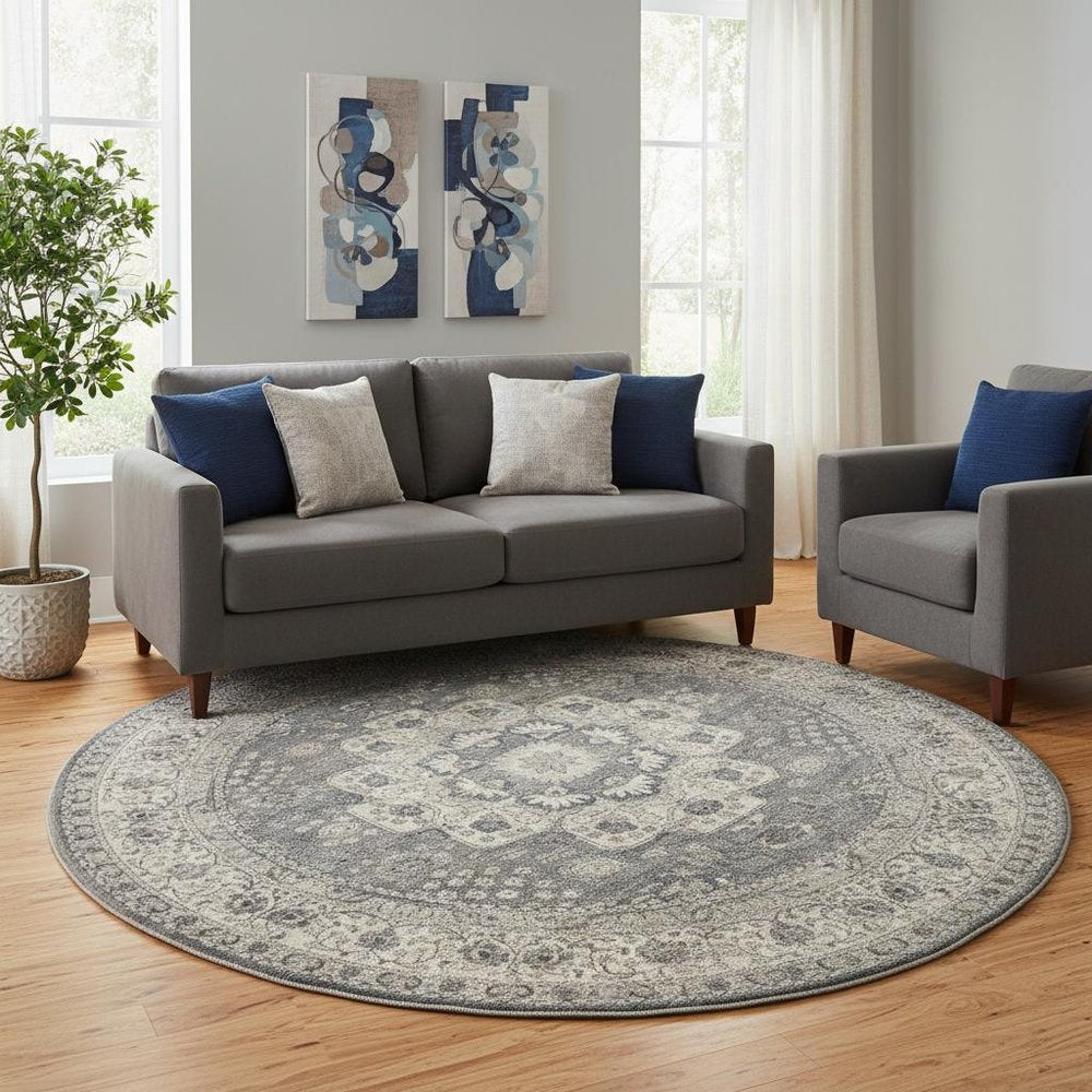 8' Grey And Ivory Round Oriental Power Loom Non Skid Area Rug