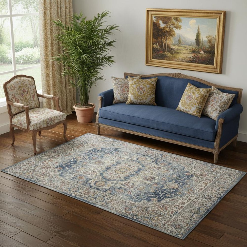 5' X 7' Ivory And Blue Oriental Power Loom Non Skid Area Rug