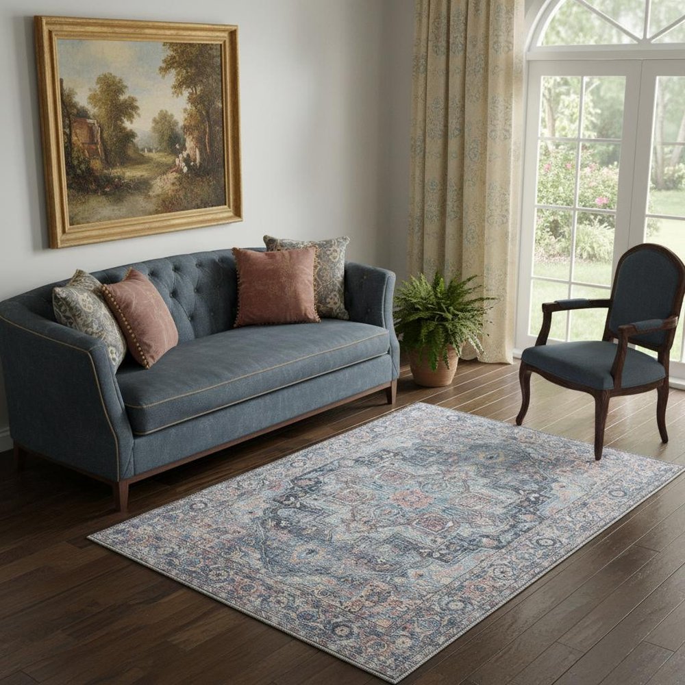 5' X 7' Light Blue Oriental Power Loom Distressed Washable Area Rug