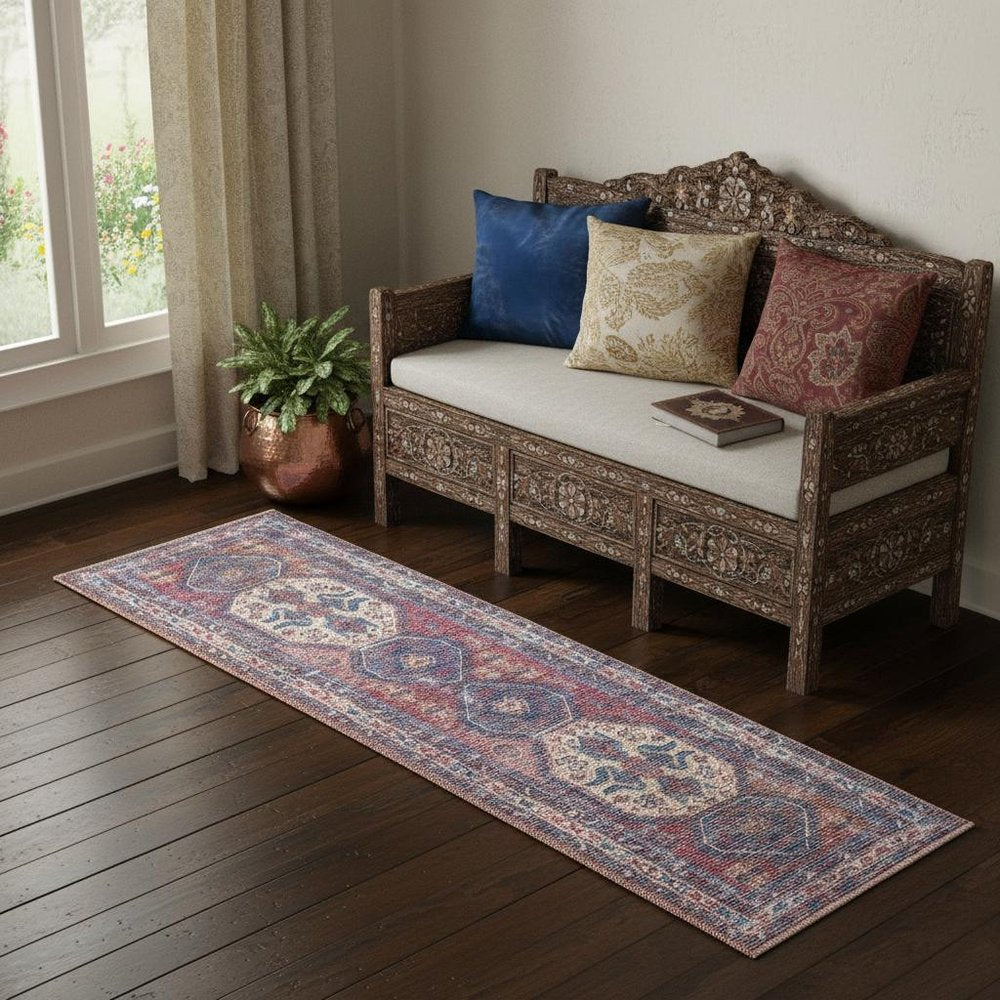 2' X 6' Red And Navy Oriental Power Loom Distressed Washable Runner Rug