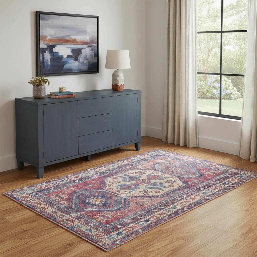 4' X 6' Red And Navy Oriental Power Loom Distressed Washable Area Rug