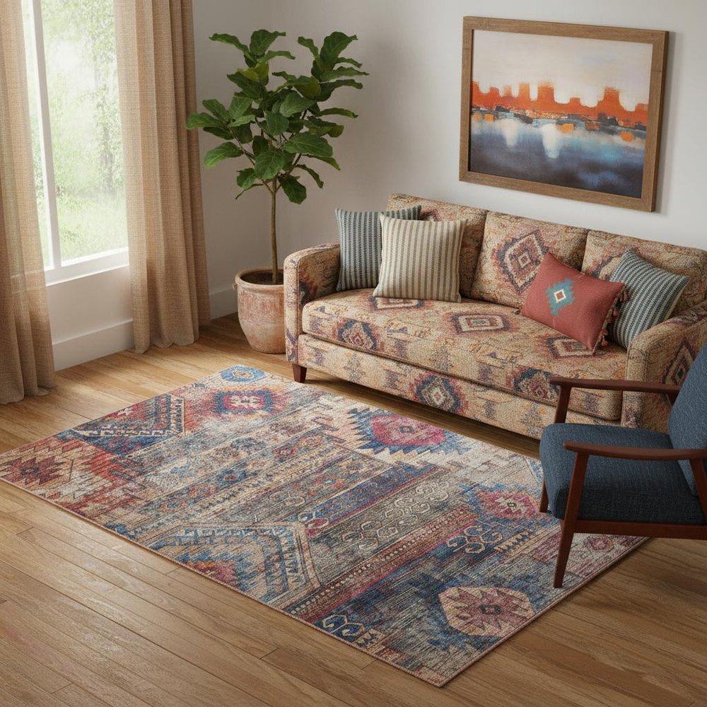 5' X 7' Multicolor Southwestern Power Loom Distressed Washable Area Rug