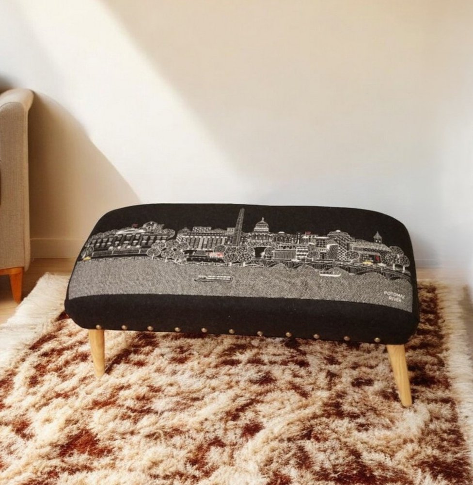 38" Gray Wool and Brown Ottoman