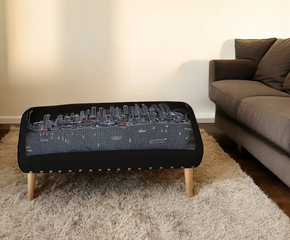 38" Gray Wool and Brown Ottoman