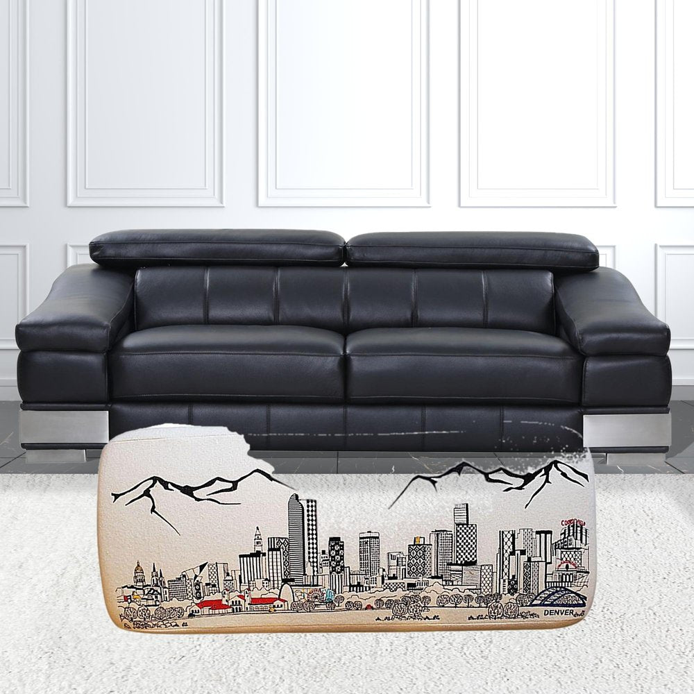 38" Cream Wool and Brown Ottoman