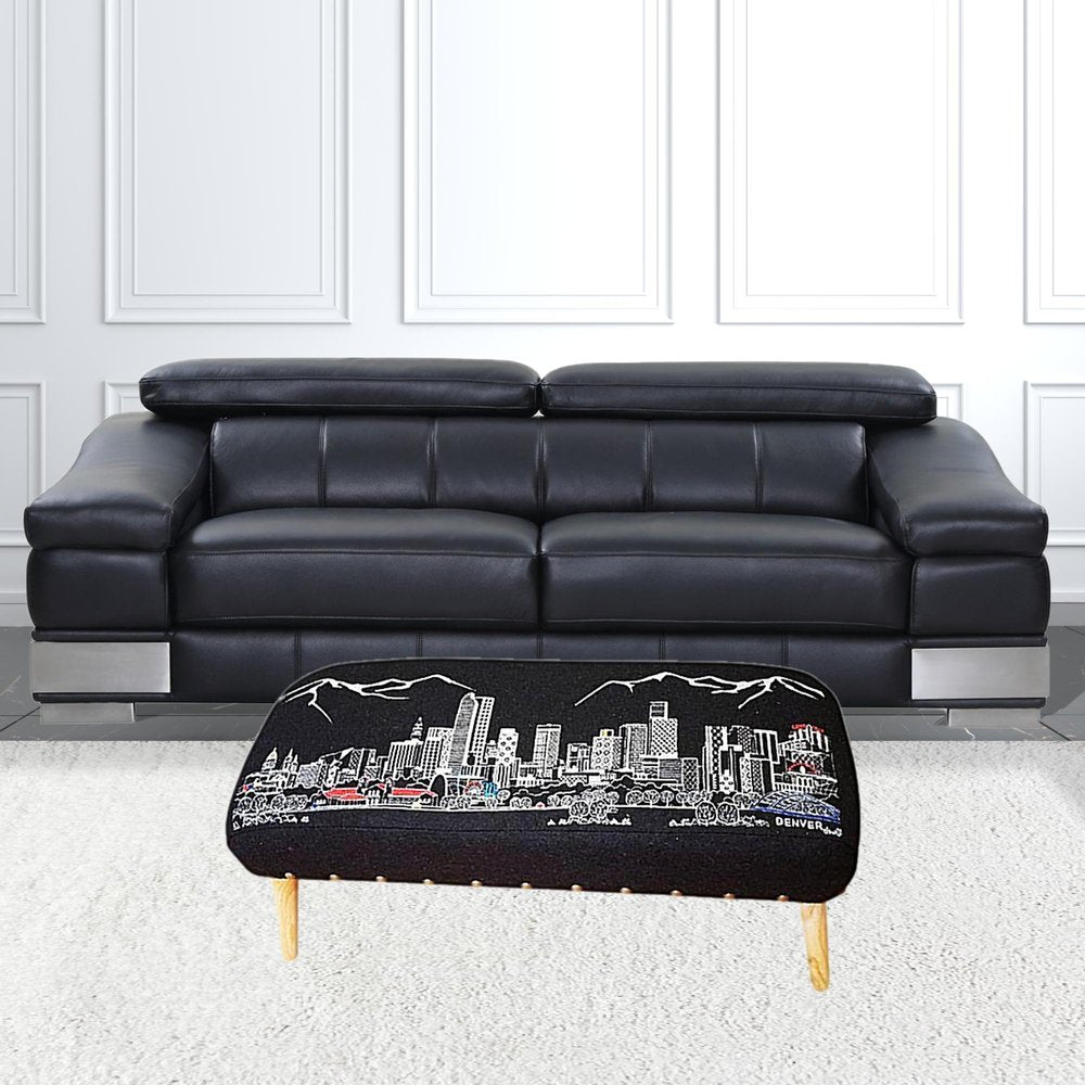 38" Gray Wool and Brown Ottoman