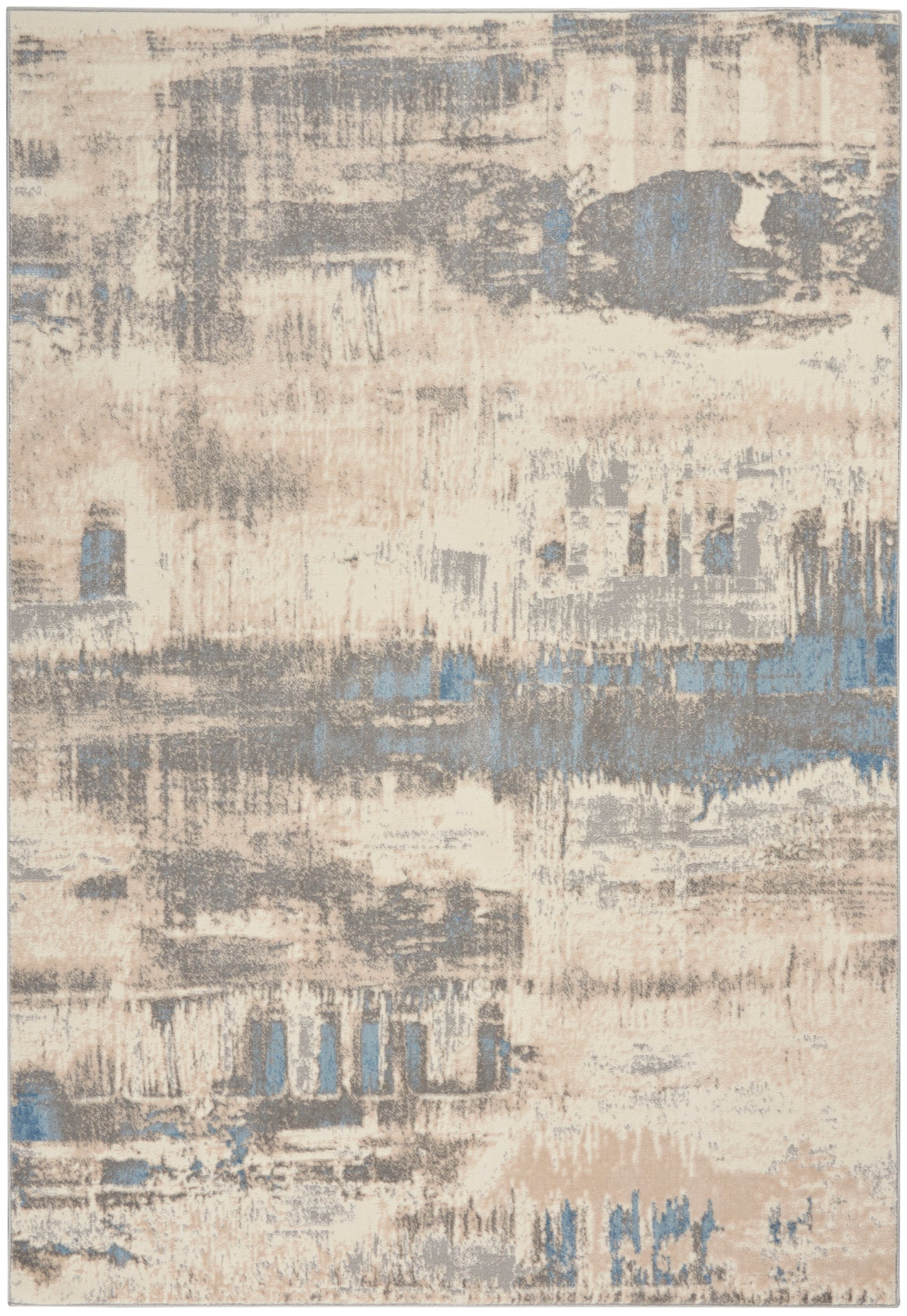 Abstract beige-gray area rug with blue accents; distressed brushstroke pattern for contemporary living room decor.