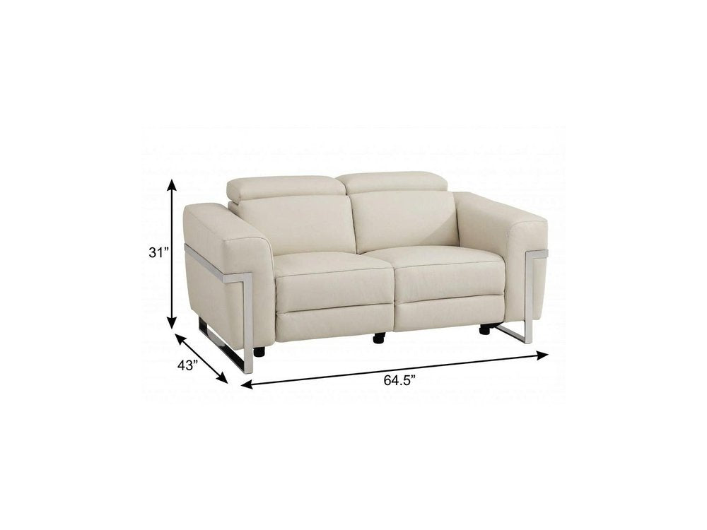 65" Beige And Silver Italian Leather Power Reclining Loveseat
