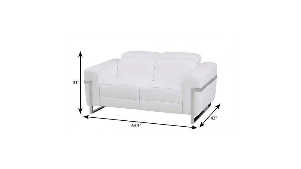 65" white and silver Italian leather power reclining loveseat.