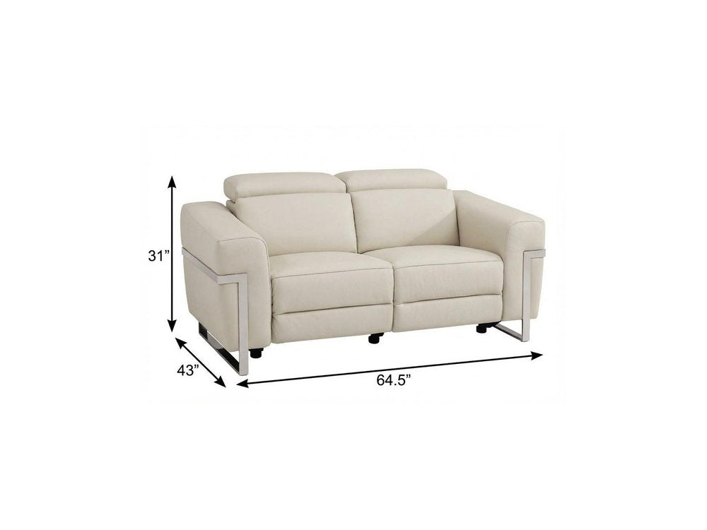 65" Beige And Silver Italian Leather Power Reclining Loveseat
