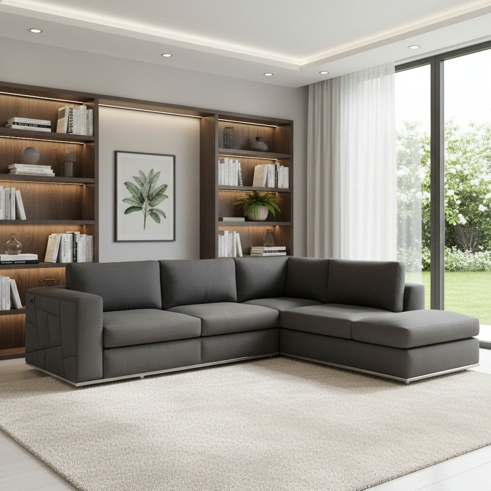 Dark Gray Italian Leather Modular L Shaped Two Piece Corner Sectional