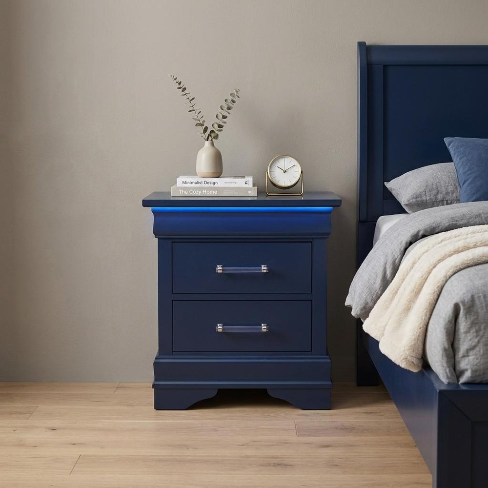 24" Blue Wood Lighted Two Drawer Nightstand