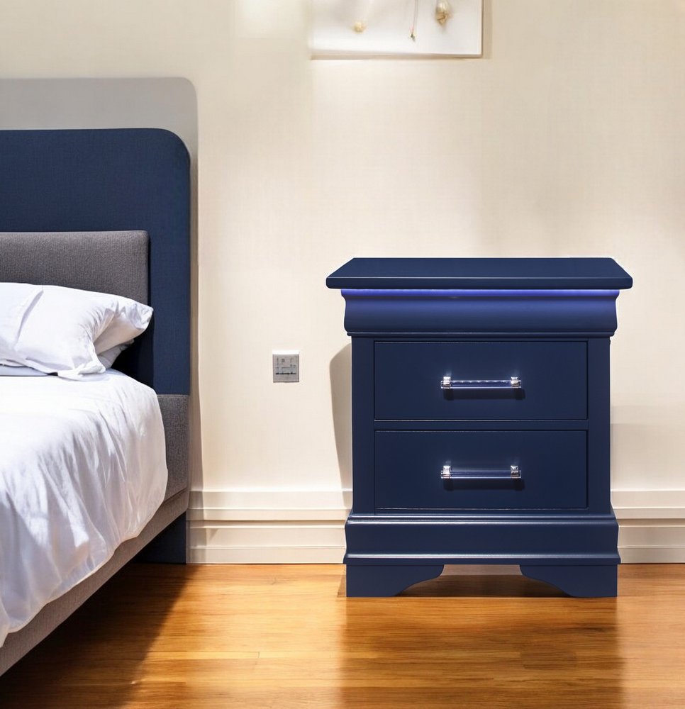 24" Blue Wood Lighted Two Drawer Nightstand