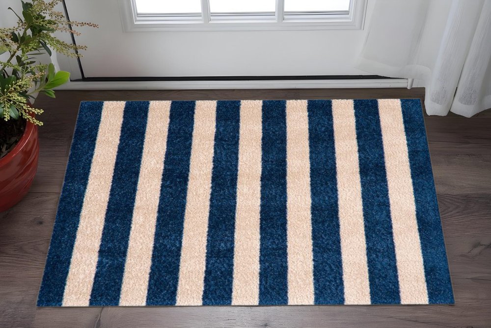 2' X 3' Navy And Sand Striped Tufted Washable Non Skid Area Rug