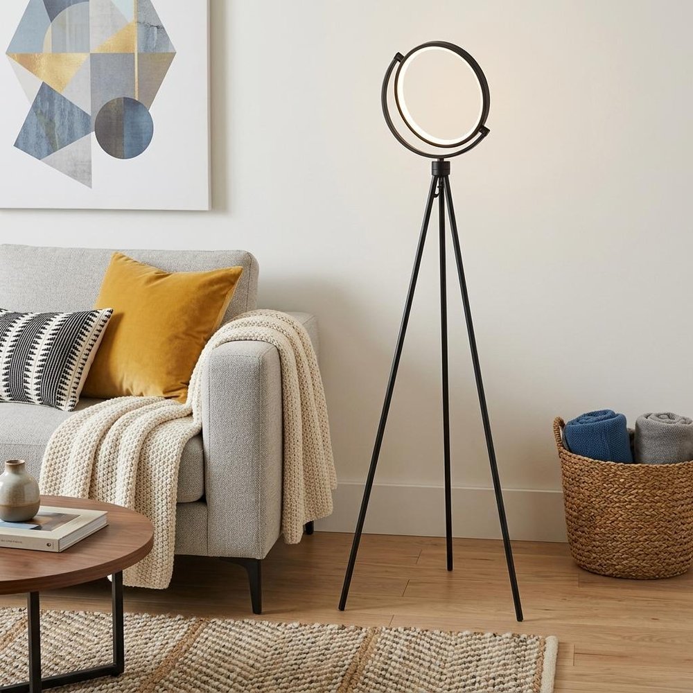 60" Black LED Tripod Floor Lamp With Black Metal Novelty Shade