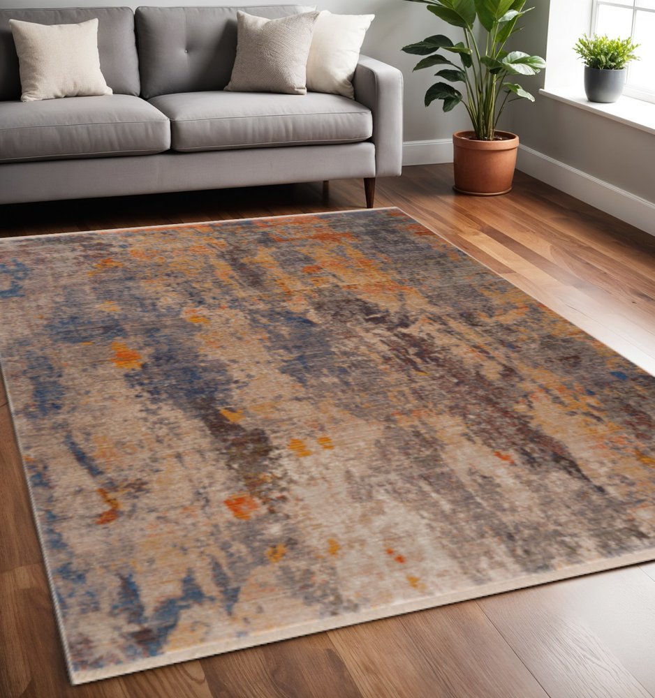5' X 8' Gray Beige Blue And Yellow Abstract Power Loom Distressed Stain Resistant Area Rug