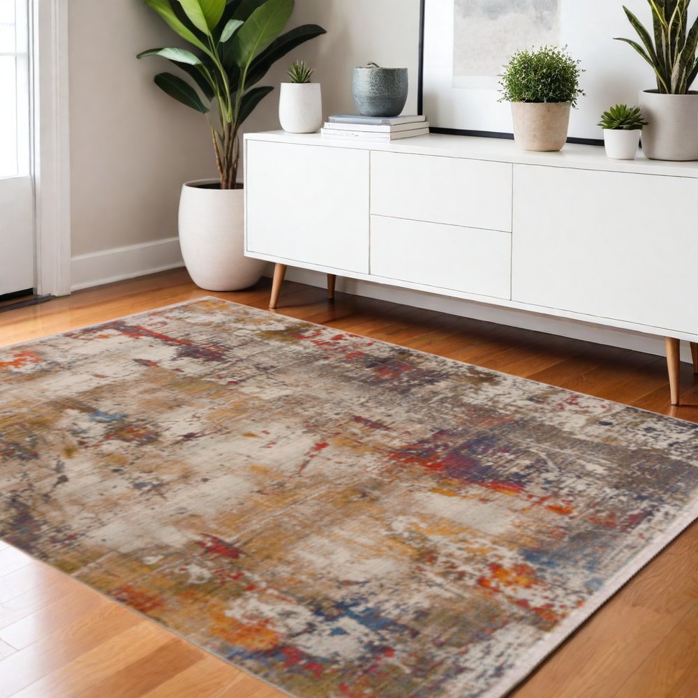 4' X 6' Gray And Ivory Abstract Power Loom Distressed Stain Resistant Area Rug
