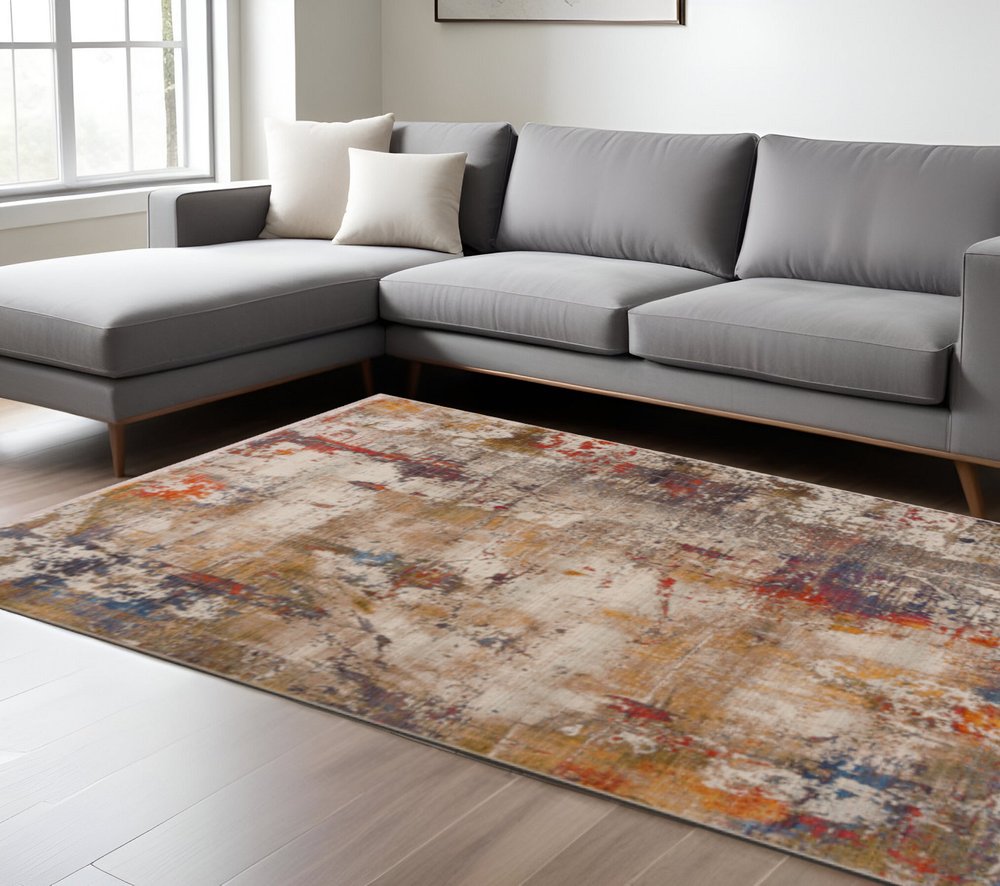 9' X 12' Gray And Ivory Abstract Power Loom Distressed Stain Resistant Area Rug