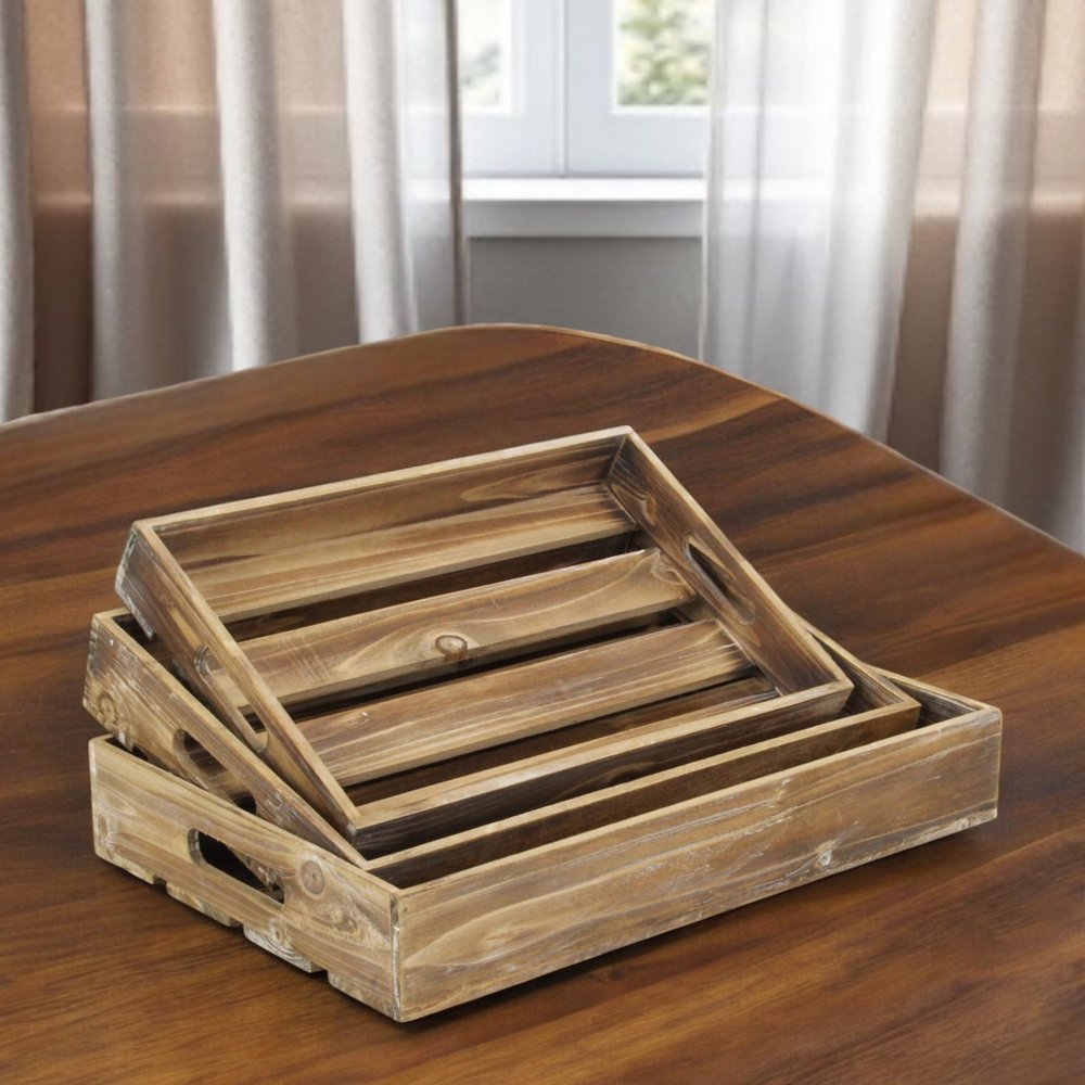 19" Brown Rectangular Wood Handmade Tray With Handles