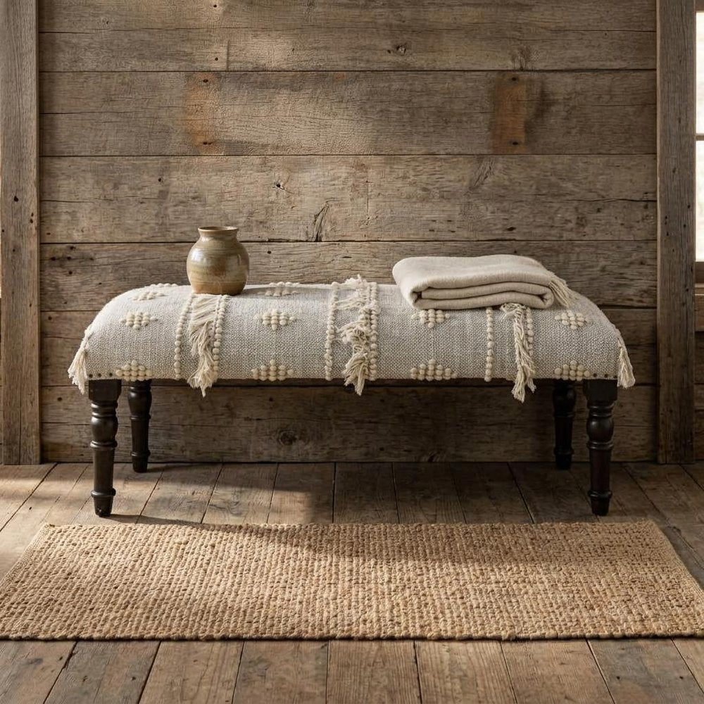 47" Cream And Black Abstract Cotton And Solid Wood Upholstered Bench