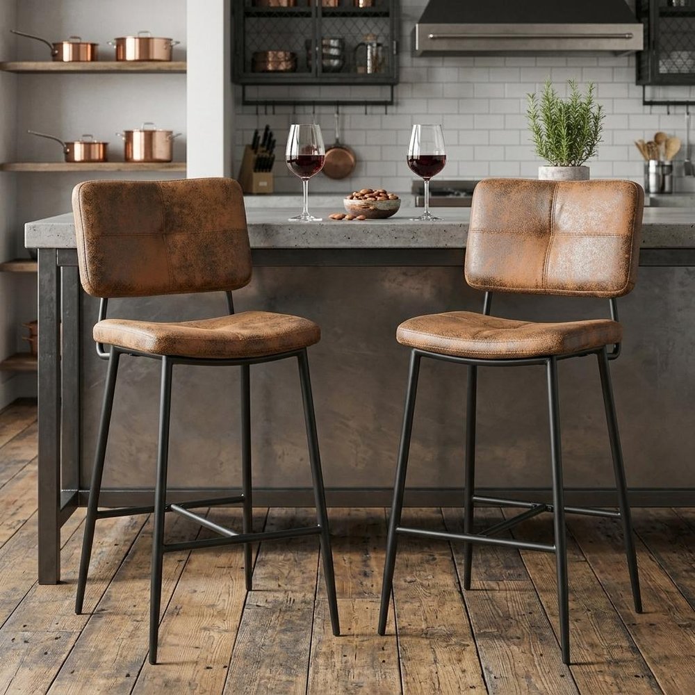 Set of Two 27" Brown And Black Faux Leather And Steel Low Back Counter Height Bar Chairs