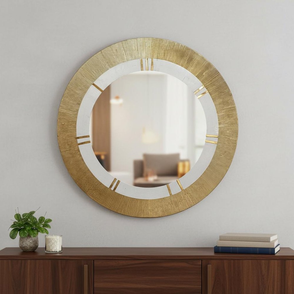 36" Gold and White Round Aluminum Ribbed Edge Framed Accent Mirror