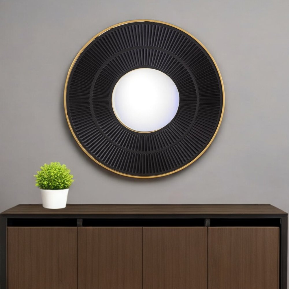 32" Black And Gold Round Wood And Metal Framed Accent Mirror