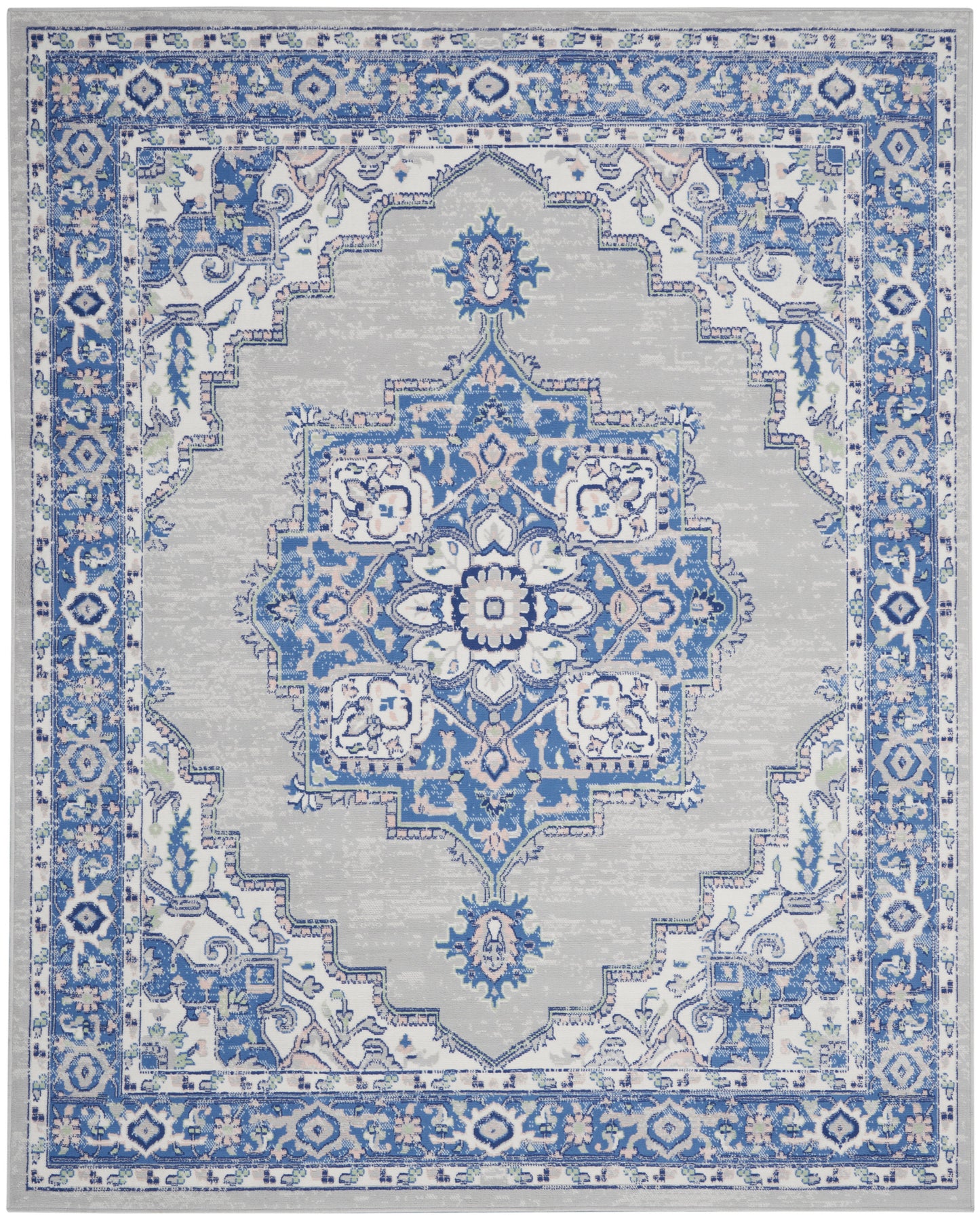 Blue and gray oriental area rug with a central medallion, ornate floral motifs and decorative border.