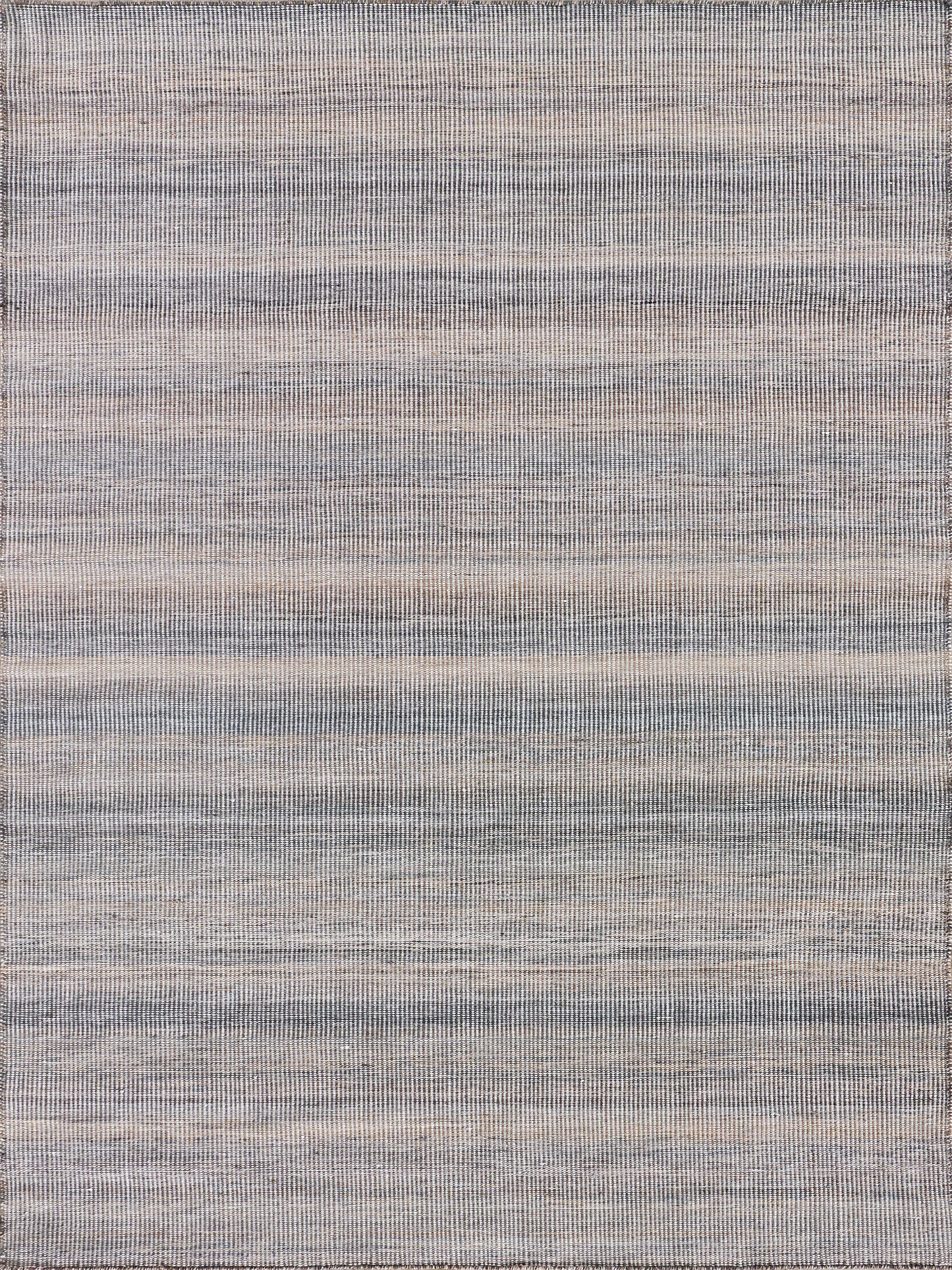 Neutral striped area rug in soft gray, blue, and beige with subtle horizontal bands and woven texture.