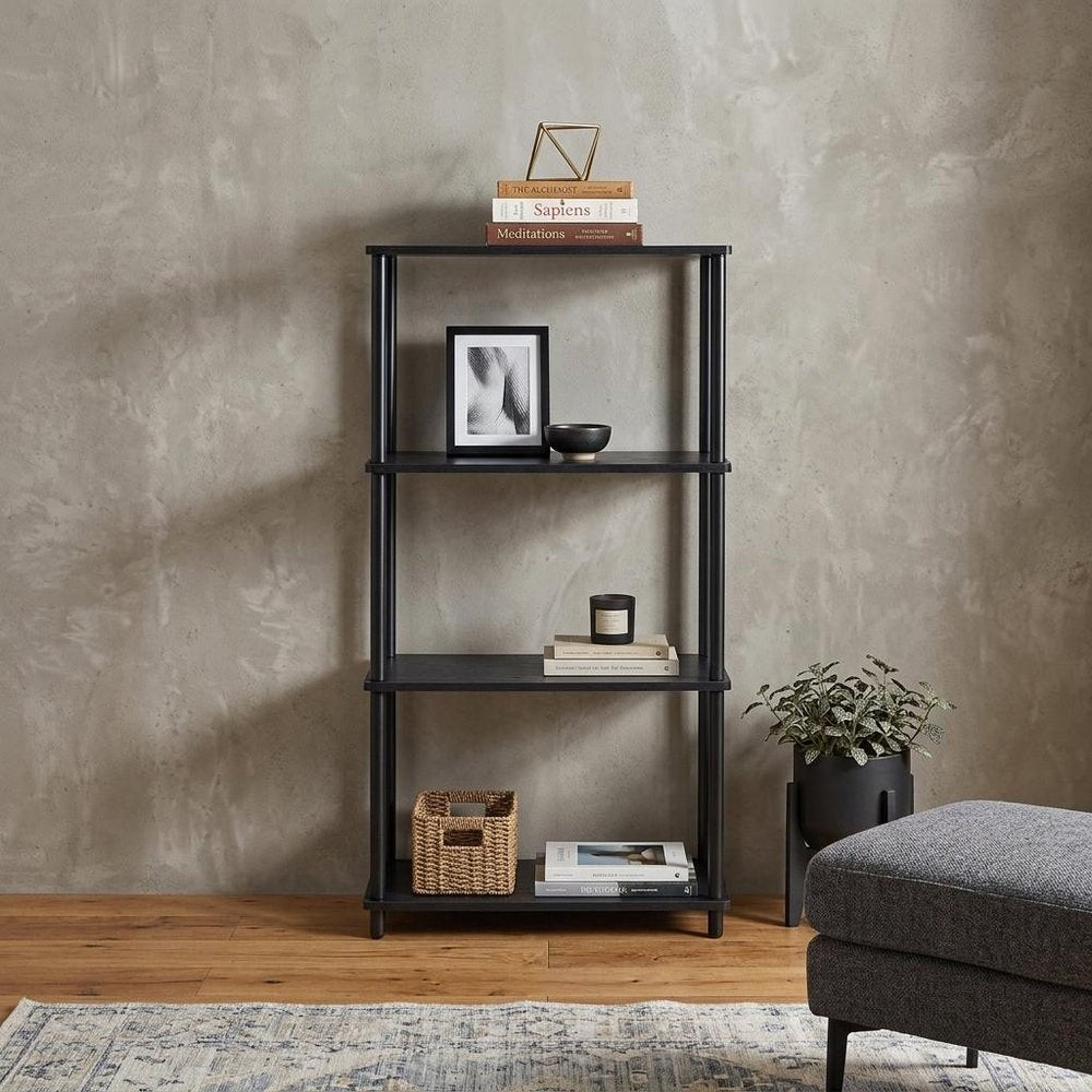 44" Black Metal and Wood Four Tier Etagere Bookcase