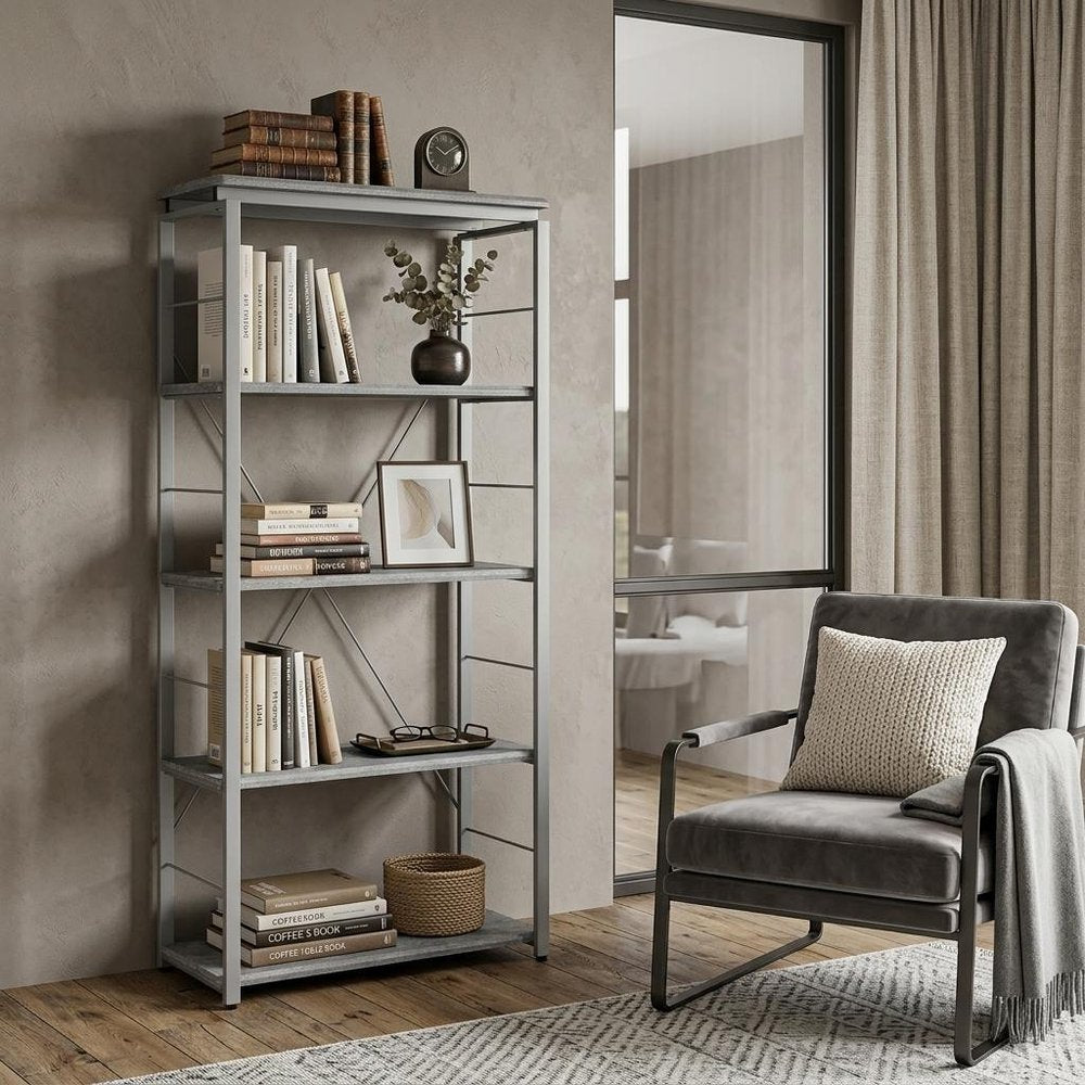 54" Gray And Silver Metal and Wood Four Tier Etagere Bookcase