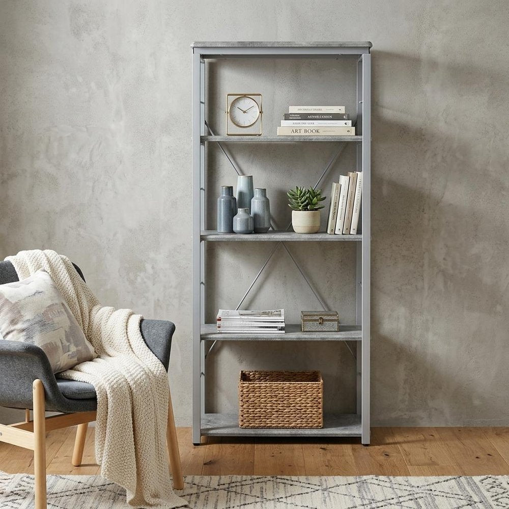 54" Gray And Silver Metal and Wood Four Tier Etagere Bookcase