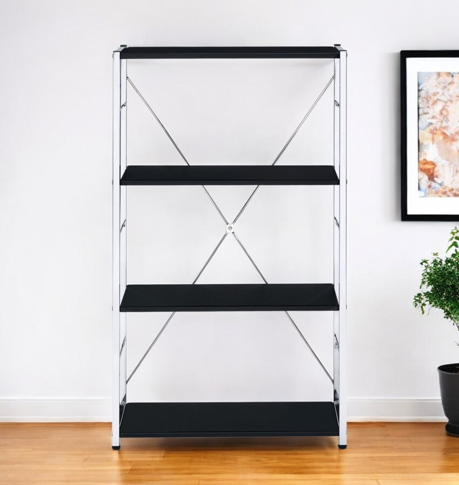 42" Black And Silver Metal and Wood Four Tier Etagere Bookcase