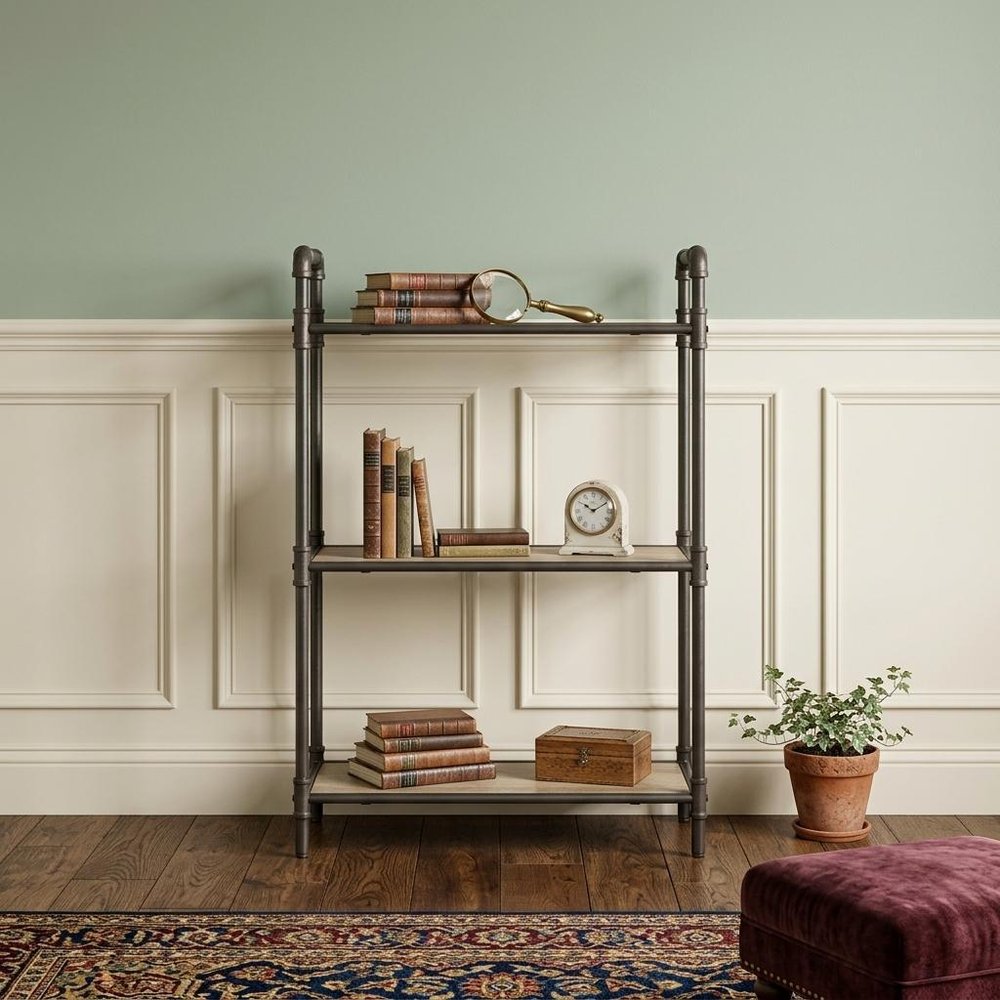 36" Antique Oak and Sandy Gray Metal Three Tier Standard Bookcase