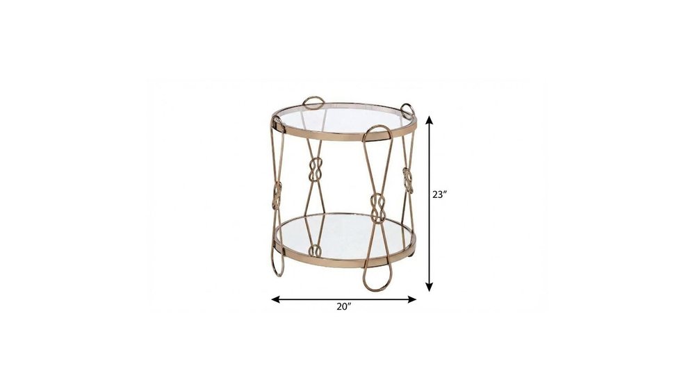 23" Clear And Gold Mirrored Glass And Iron Round Sled End Table With Shelf