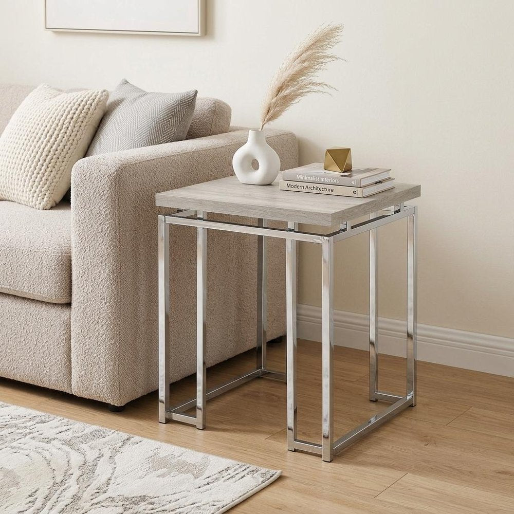 24" Chrome And Natural Oak Manufactured Wood And Metal Square End Table