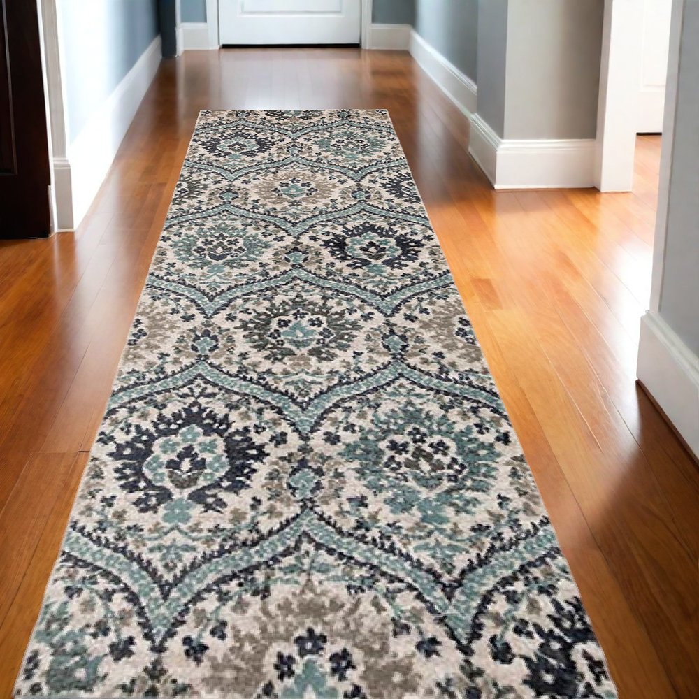 10' Ivory Blue And Gray Medallion Runner Rug