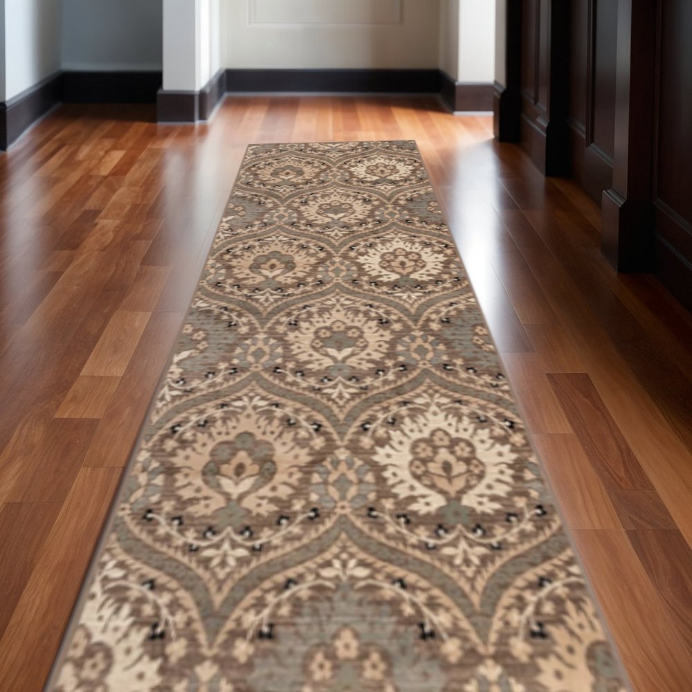 10' Beige And Ivory Floral Runner Rug