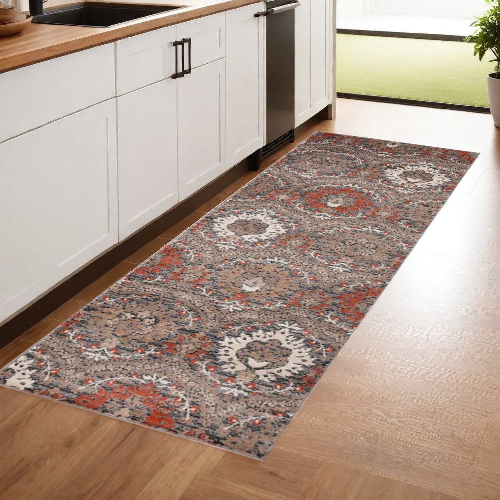 8' Rust Brown And Gray Floral Runner Rug