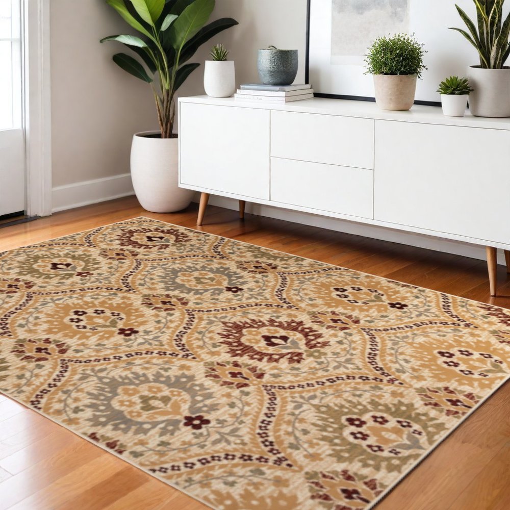 4' X 6' Beige Red And Gray Floral Area Rug