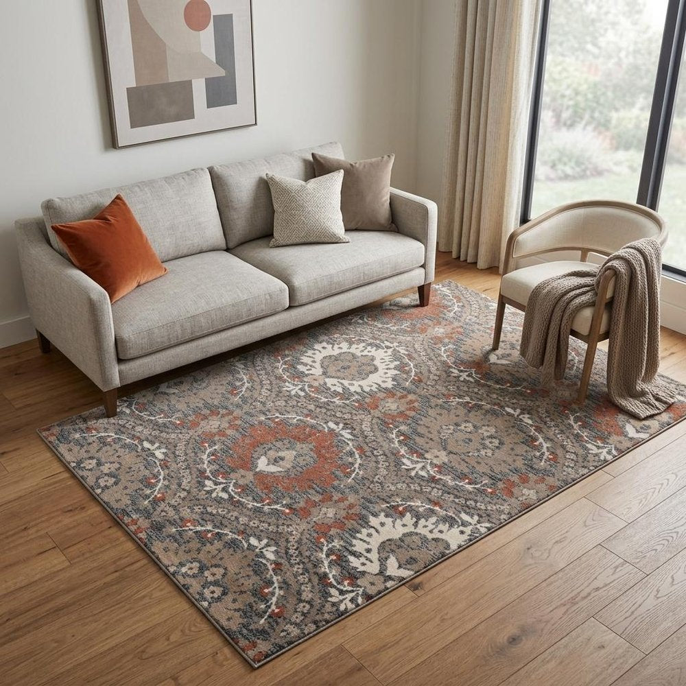 5' X 8' Rust Brown And Gray Floral Area Rug