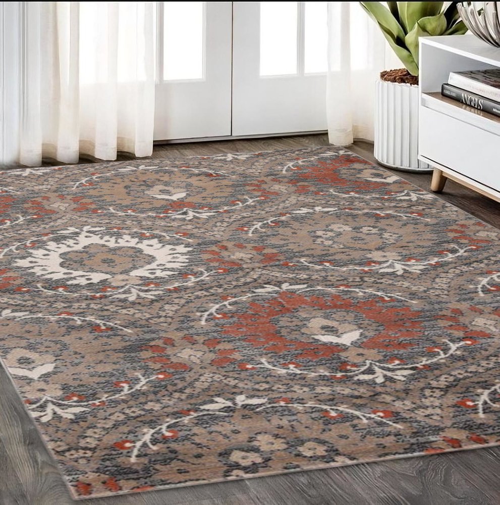 5' x 8' rust brown and gray floral area rug
