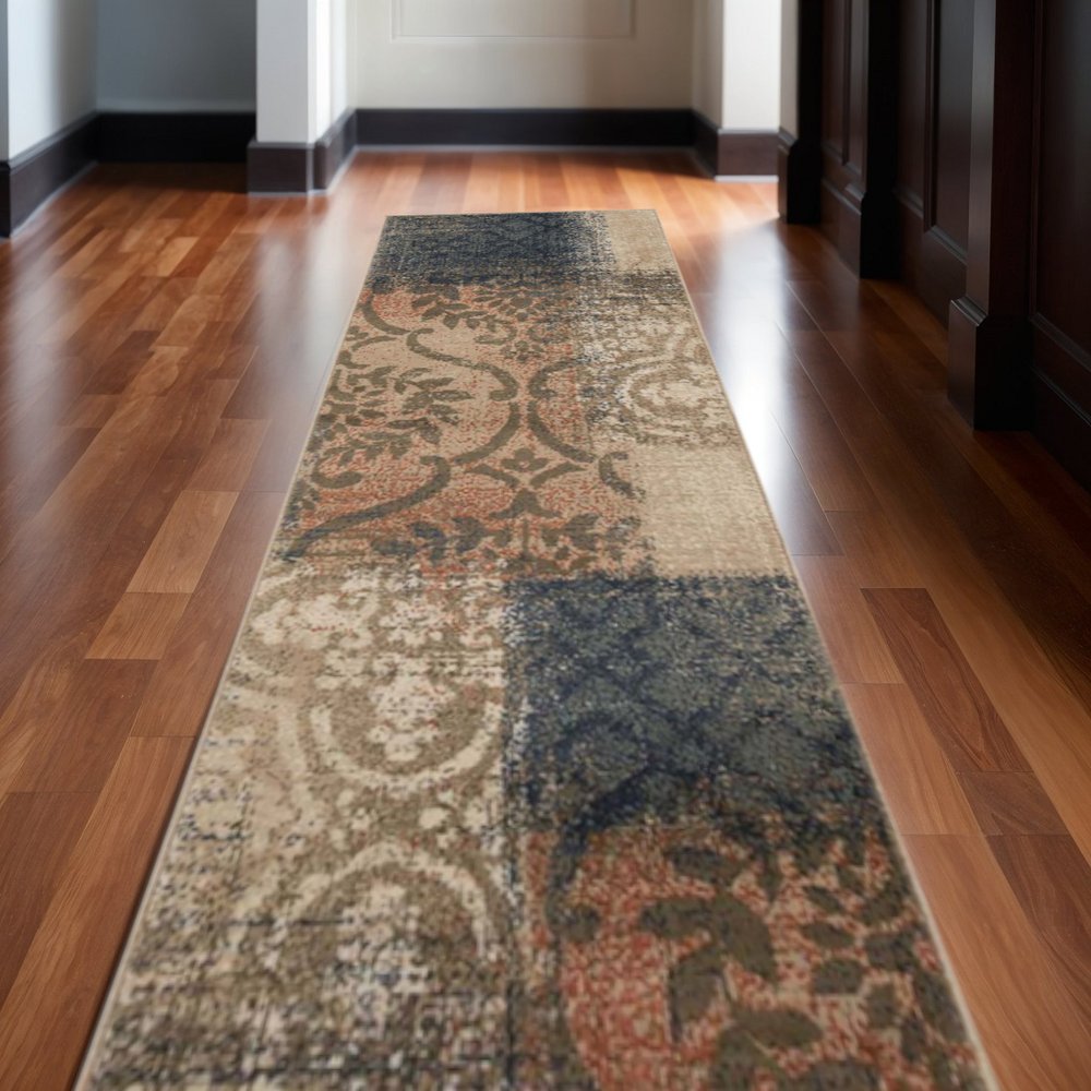 10' Blue And Ivory Damask Distressed Runner Rug