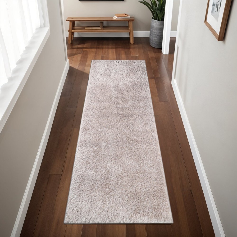 8' Beige Shag Handmade Runner Rug