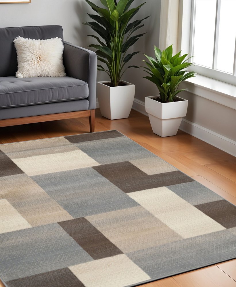 8' Gray Tan And Brown Patchwork Square Rug