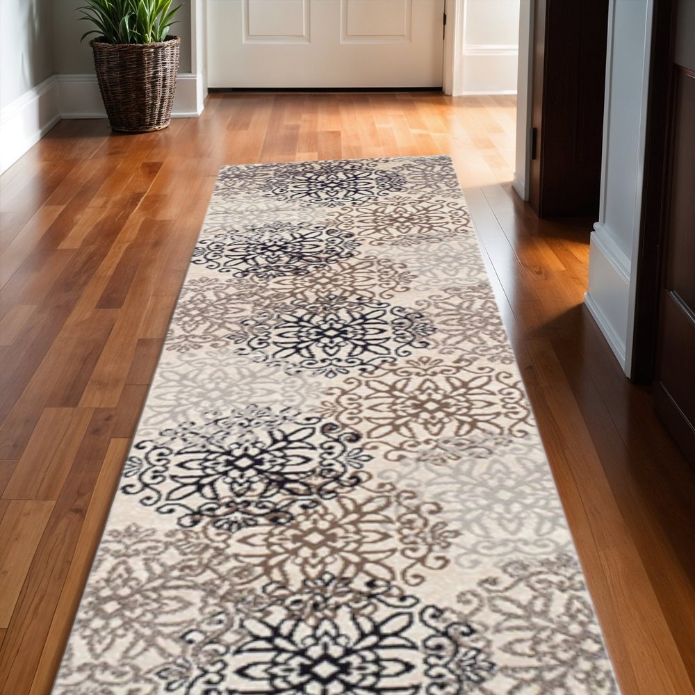 11' Beige Black And Brown Floral Medallion Runner Rug