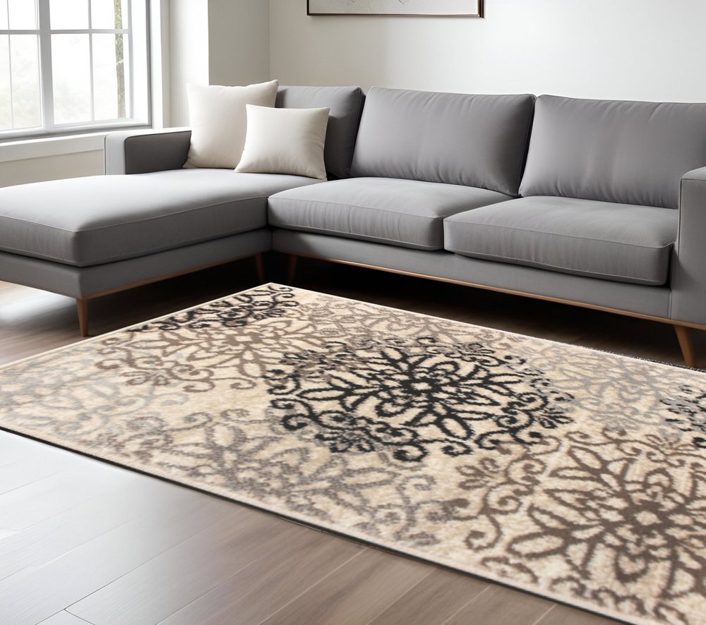 9' X 12' Beige Black And Brown Floral Medallion Area Rug