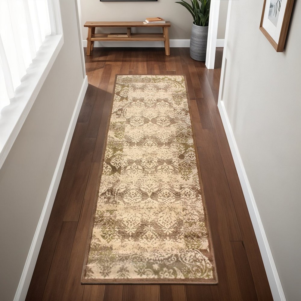 8' Beige And Brown Damask Distressed Runner Rug