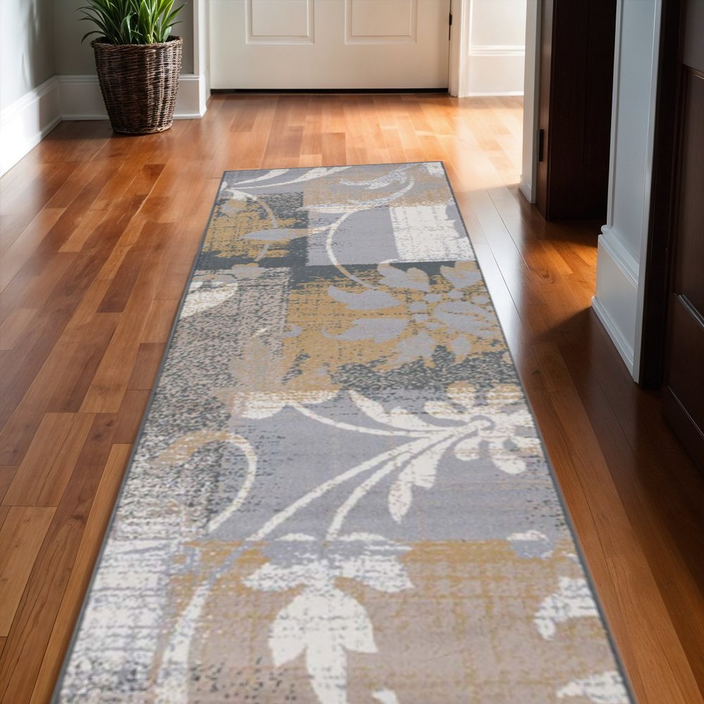10' Beige And Black Floral Distressed Runner Rug